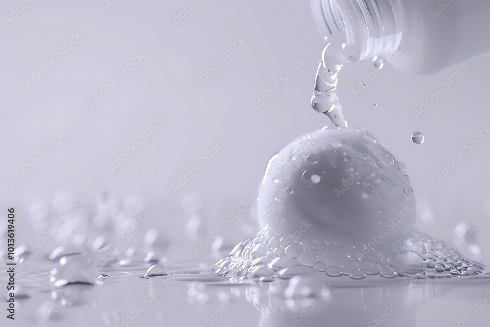 Aufkleber a minimalist image of a round object absorbing water from a bottle, creating a wet surface with clea