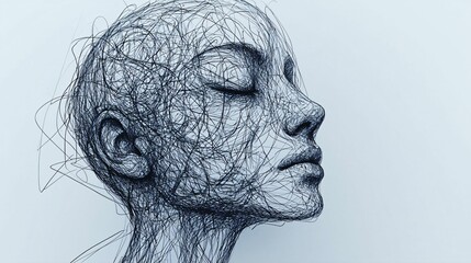 image features complex abstract illustration of human head, intricately designed with tangled lines, conveying sense of deep thought and introspection