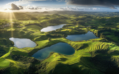Panoramic view of the Azores, beautiful landscape with green hills and blue lakes