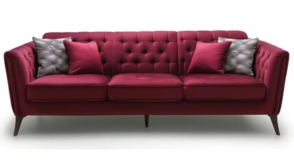 Fototapeta premium A luxurious, crimson red velvet sofa with tufted upholstery and silver accent pillows on a white background.