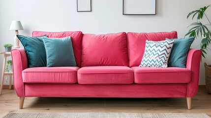 Pink velvet sofa with pillows in a modern living room with wooden floor and a plant in the background.