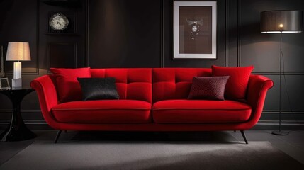 A red velvet sofa with black and maroon pillows in a modern living room.