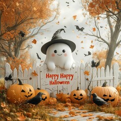 A cheerful ghost with a witch hat, leaning over a wooden fence with pumpkins and blackbirds, surrounded by orange leaves and bats, celebrating Halloween with a "Happy Halloween" message