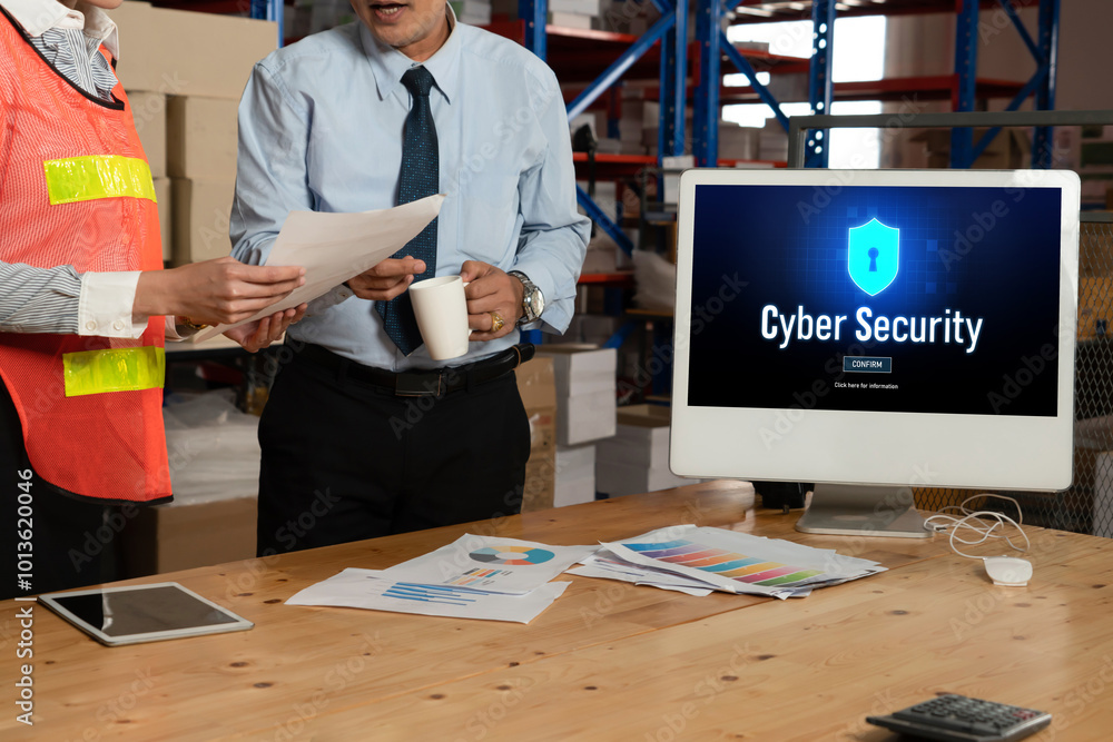 Poster cyber security system on computer screen protect private information snugly from hacker and cyber at