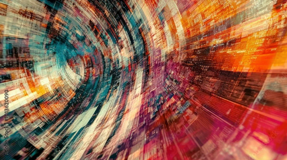 Poster abstract digital tunnel with blurred colors and geometric patterns