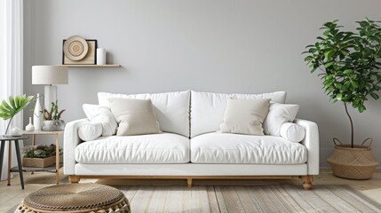 Minimalist living room with white sofa, wooden coffee table, and potted plant.
