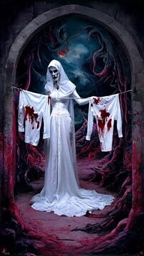 Figure macabre en robe blanche tenant des v&ecirc;tements ensanglant&eacute;s dans un d&eacute;cor gothique