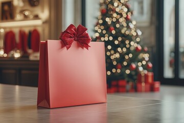 Christmas gift bag with a red bow in a festive store setting, with a decorated Christmas tree in the background, suitable for holiday mockup, retail promotions, or gift packaging