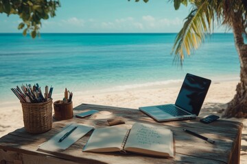 Work desk on a beach, office tools and accessories. Remote work, Generative AI