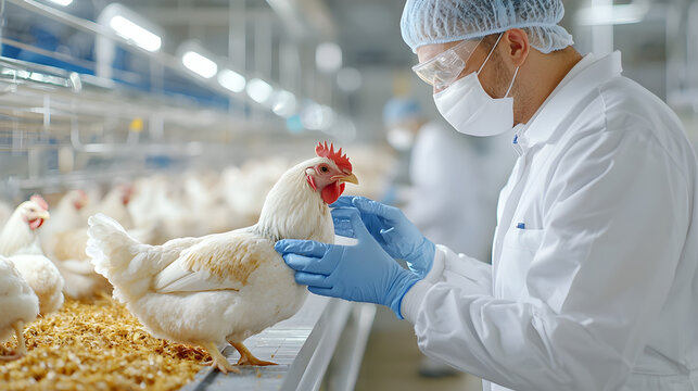 poultry worker in protective gear examines chicken in farm setting, ensuring health and safety standards are met. environment is clean and organized, reflecting modern farming practices
