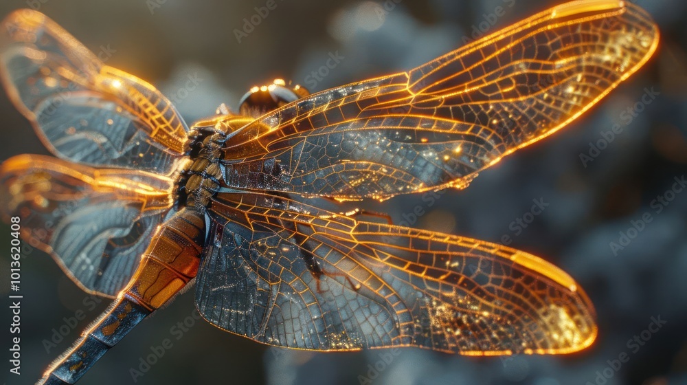 Poster a dragonfly with translucent wings sits on a branch with a blurred background.