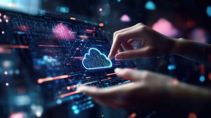 A digital interface showcasing a hand interacting with a glowing cloud symbol.