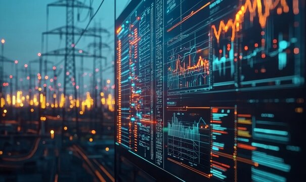 High-tech power grid interface displaying data analysis and price graphs, showcasing energy consumption and market trends, Generative AI