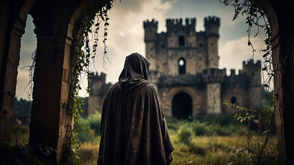 Naklejka premium Mysterious Figure in Tattered Cloak Near Ancient Castle