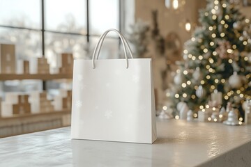 White shopping bag mockup with subtle snowflake designs in a festive store environment, suitable for holiday gift packaging, seasonal branding, or winter promotions