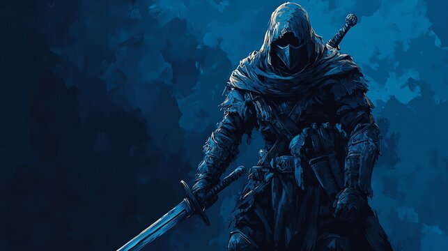 Fototapeta A hooded warrior stands in a dark, blue, fantasy setting with a sword at their side.