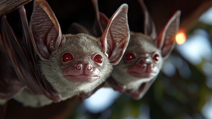 Two bats hanging upside down with large ears and red eyes