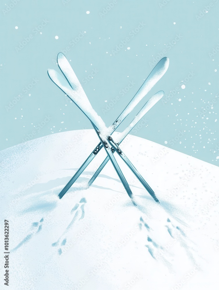 Poster crossed skis rest on a snow-covered surface, marked by small footprints in the powdery snow while sn