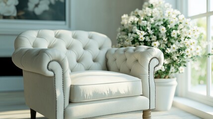 A cozy, stylish armchair beside a flowering plant in a bright, inviting room.