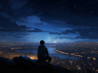 Dark Silhouette Against Illuminated Skyline at Night