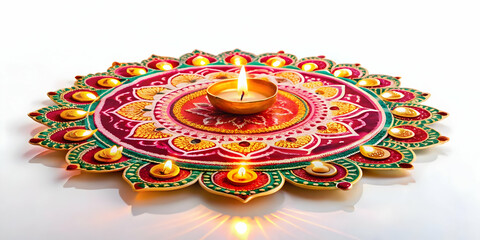 Flat Glossy Diwali Rangoli Vector: Vibrant Background with Intricate Designs and Glowing Elements for Festive Celebrations