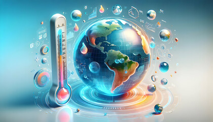 Obraz premium 3D Glossy globe and thermometer with holographic climate data floating above concept as A high angle shot of a glossy globe with a thermometer beside it. Holographic climate data such as temperature t