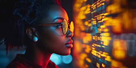 Black woman working in laptop, digital cybersecurity hud with glowing icons, Generative AI