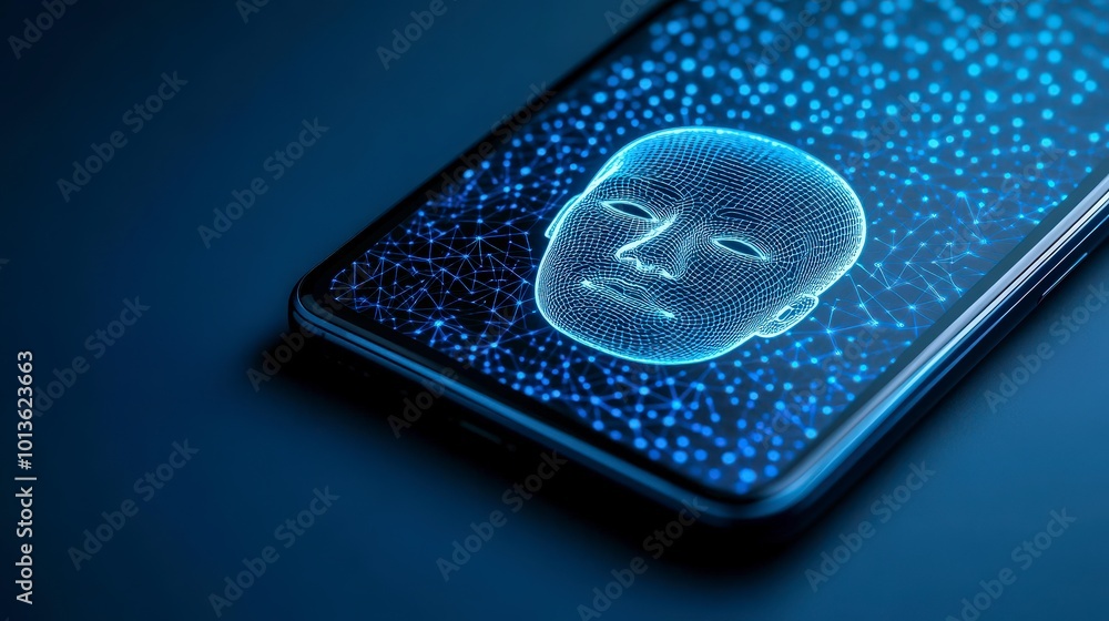 Poster digital face recognition on smartphone with futuristic technology background
