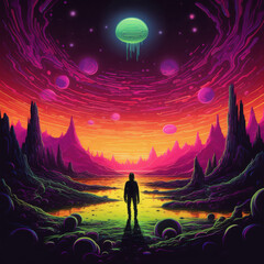 Fototapeta premium Neon Alien on a Colorful Planet Landscape