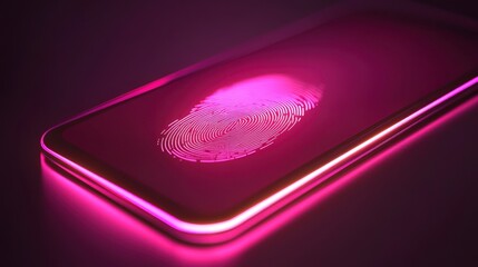Smartphone with glowing fingerprint scanner in futuristic neon light effect