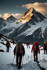 realistic illustration of people hiking in the mountains on foot and being treated to beautiful views