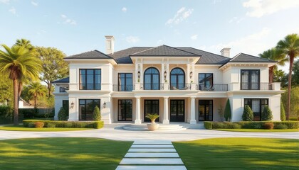 Fototapeta premium Modern architectural design of the house with panoramic glazing. Green area. Elite property