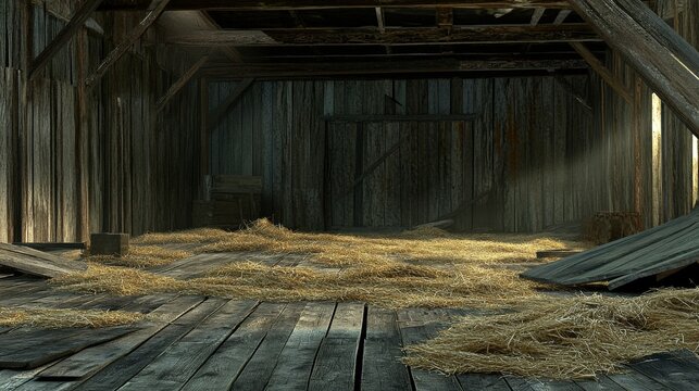 Abandoned old barn with straw covered wooden floor and sunlight beams