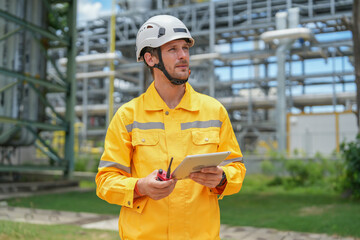 portrait oil refinery worker wears safety and harthat, holding tablet computer and walkie talkie inspection at oil refinery