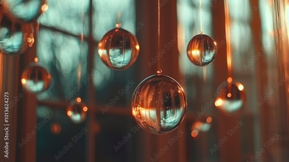 Poster a collection of reflective golden orbs suspended from strings against a blurred backdrop