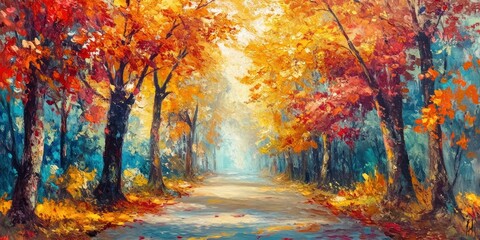 A scenic painting of an autumnal forest path with vibrant foliage in shades of red, orange, and yellow.