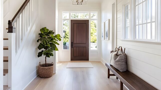 Bright and airy entry foyer with a white staircase, light hardwood flooring, and a dark walnut front door