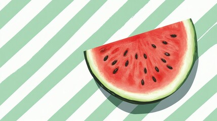 Watermelon slice on a green and white striped background.