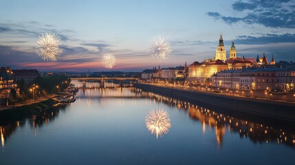 Fototapeta premium Beautiful evening fireworks display over the river in a historic city