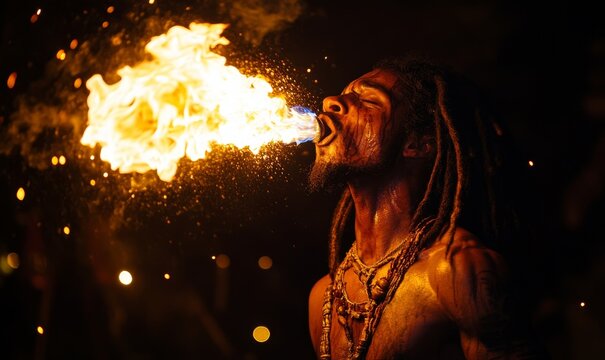 Male Fire Performer With Dreadlocks Skillfully Exhales Massive Fireball, Creating Spectacular Display of Flames and Sparks Against Dark Background, Cinematic Intensity and Artistry of Fire