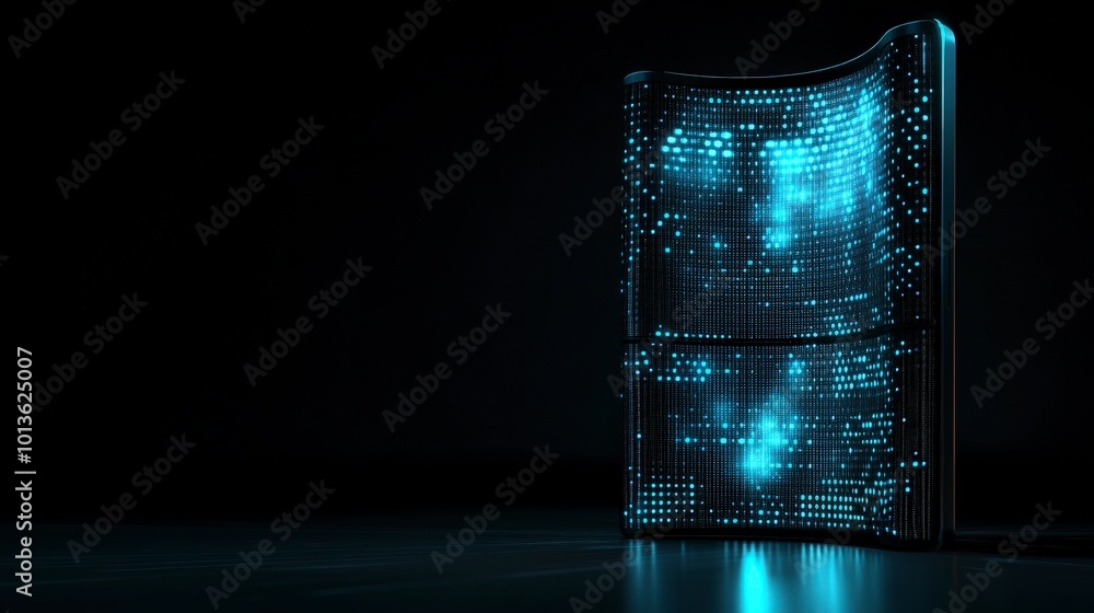 Poster futuristic digital art showcasing illuminated computer server in dark environment