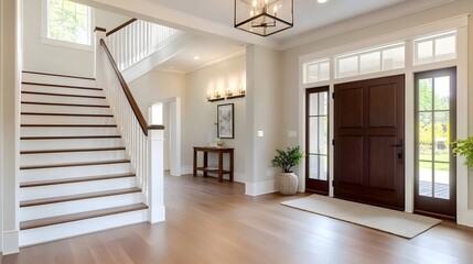 Bright and airy entry foyer with a white staircase, light hardwood flooring, and a dark walnut front door
