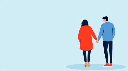 Couple holding hands, one pulling away, tension and sadness, flat design illustration, copy space for text,