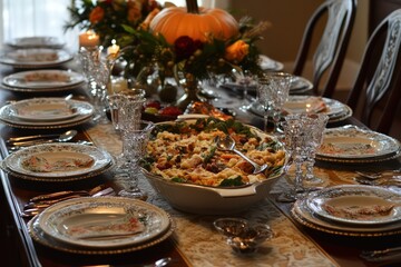 Naklejka premium A festive Thanksgiving table set with a delicious meal.