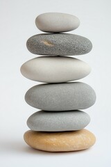 Fototapeta premium A carefully balanced stack of smooth pebbles in shades of gray and beige on a plain background