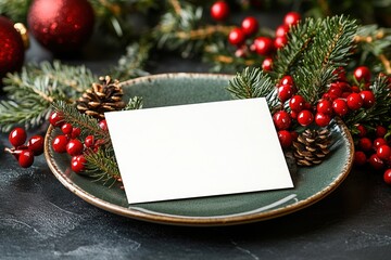 Christmas card mockup on a festive plate with pine branches, red berries, suitable for restaurants, cafes, gift shops, and event planners for holiday menus, invitations, and seasonal promotions