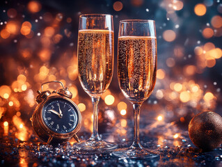 Dynamic New Year's Day 2025 digital posters pictures with bright, contrasting colors and celebratory elements like fireworks, champagne glasses, and clocks striking midnight
