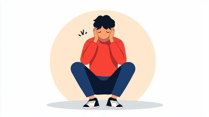 Teen sitting with head in hands, overwhelmed emotions, flat design illustration, copy space for text,