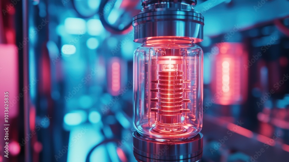 Poster quantum computing core in a high-tech cryptography lab, vibrant cyan hues, advanced technology, intr