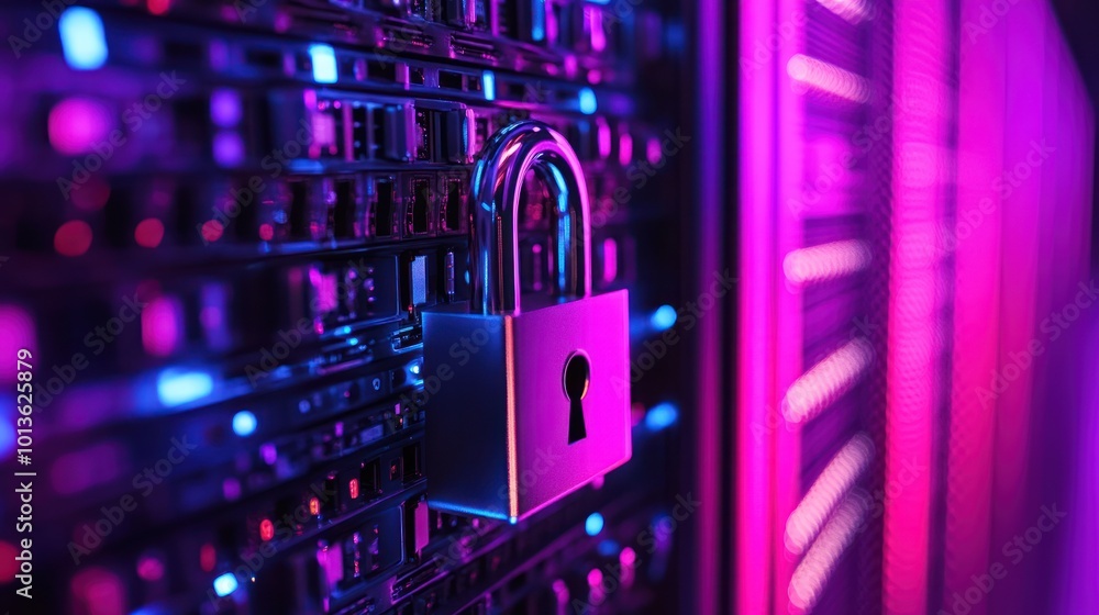Poster a padlock on a server, symbolizing cybersecurity and data protection.